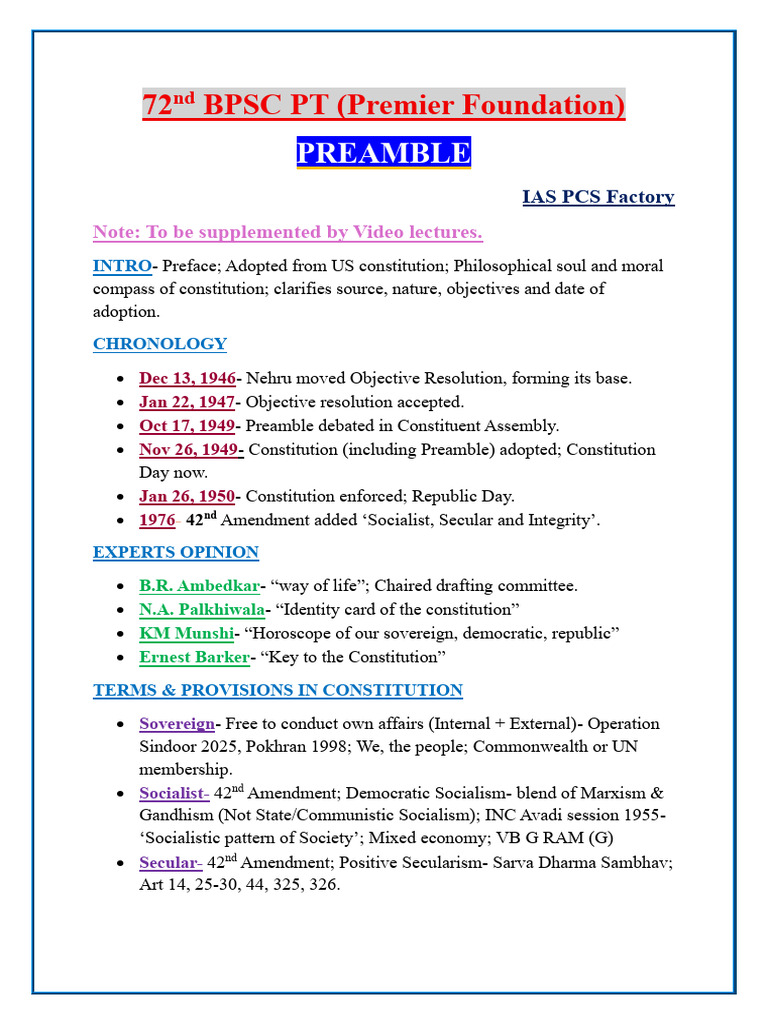 Preamble (Polity) Ias Pcs Notes | PDF | Constitution | Social Equality