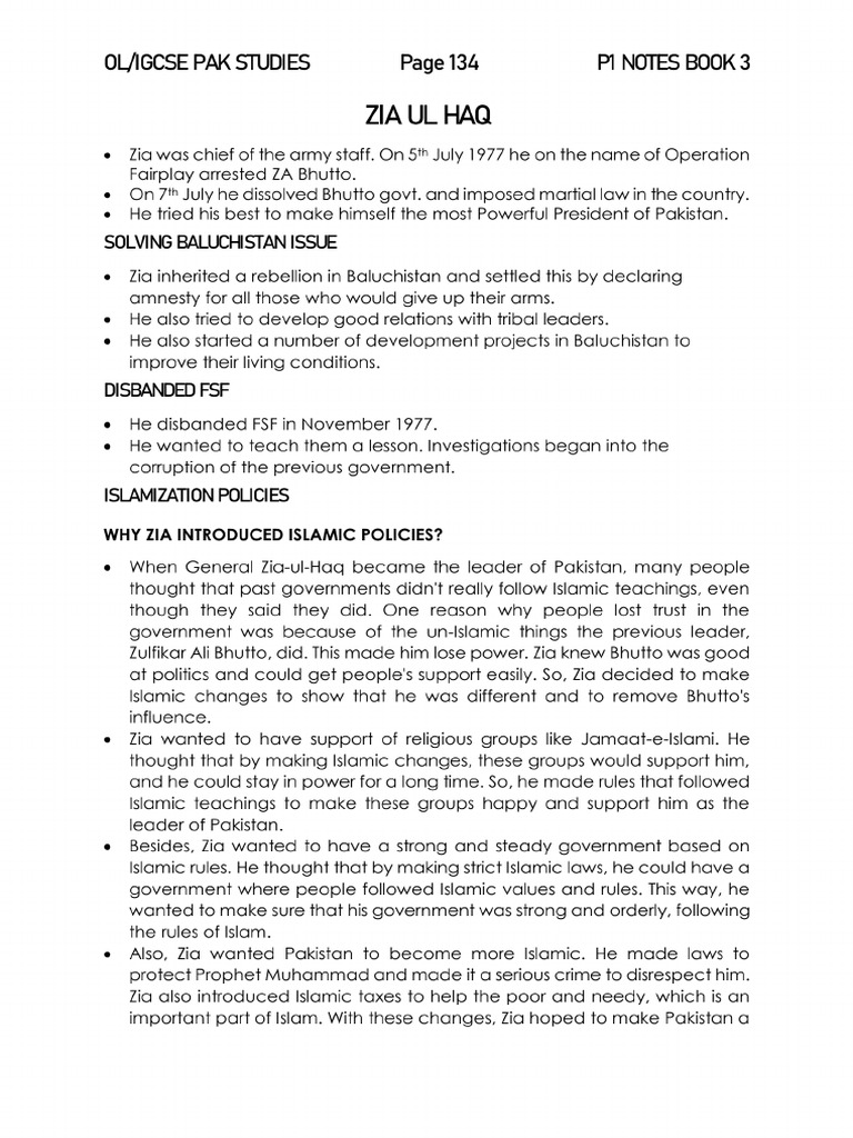 9. Zia Ul Haq Notes and Past Papers 2024-25 | PDF