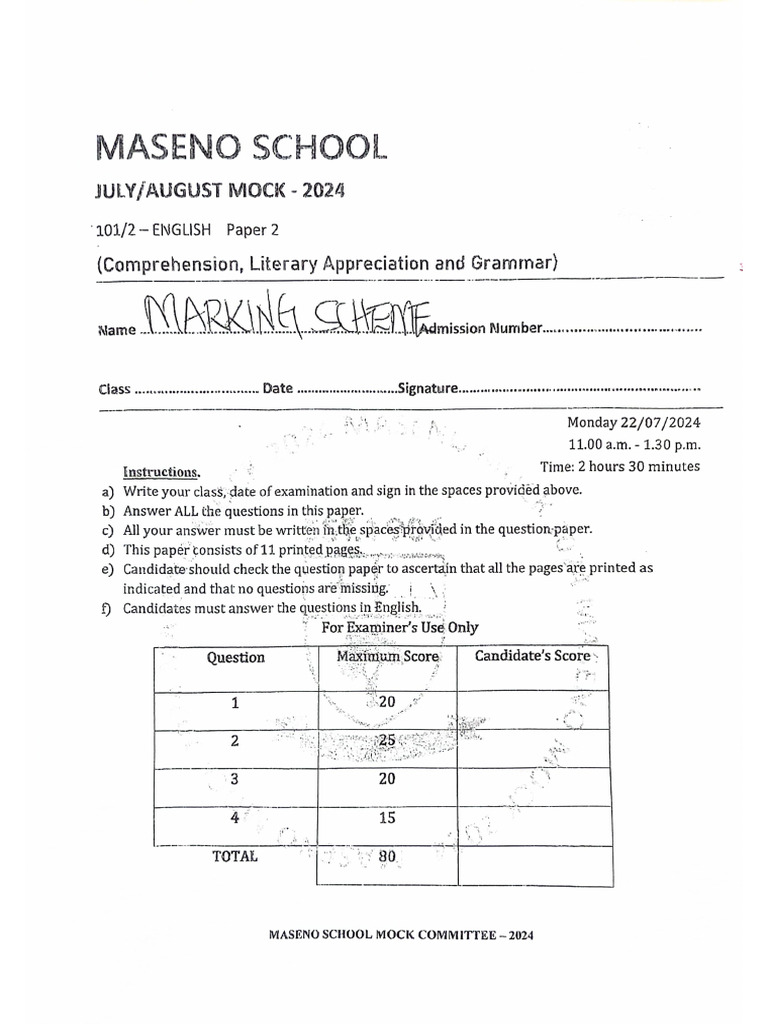 English Pp2 Marking Scheme Mock 2024 | PDF