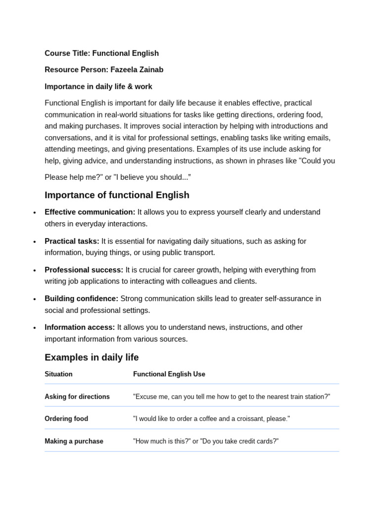 Importance of Functional English in Daily Life & Work | PDF