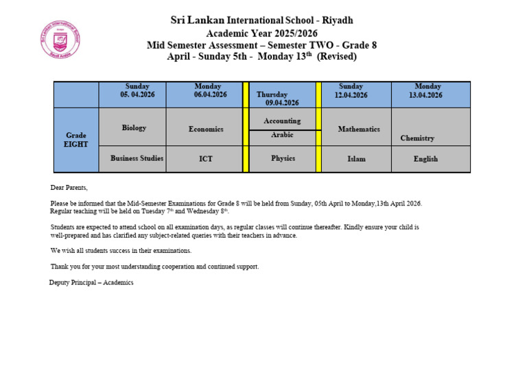 Revised Mid - Semester Assessment April 2026 GR 8 | PDF