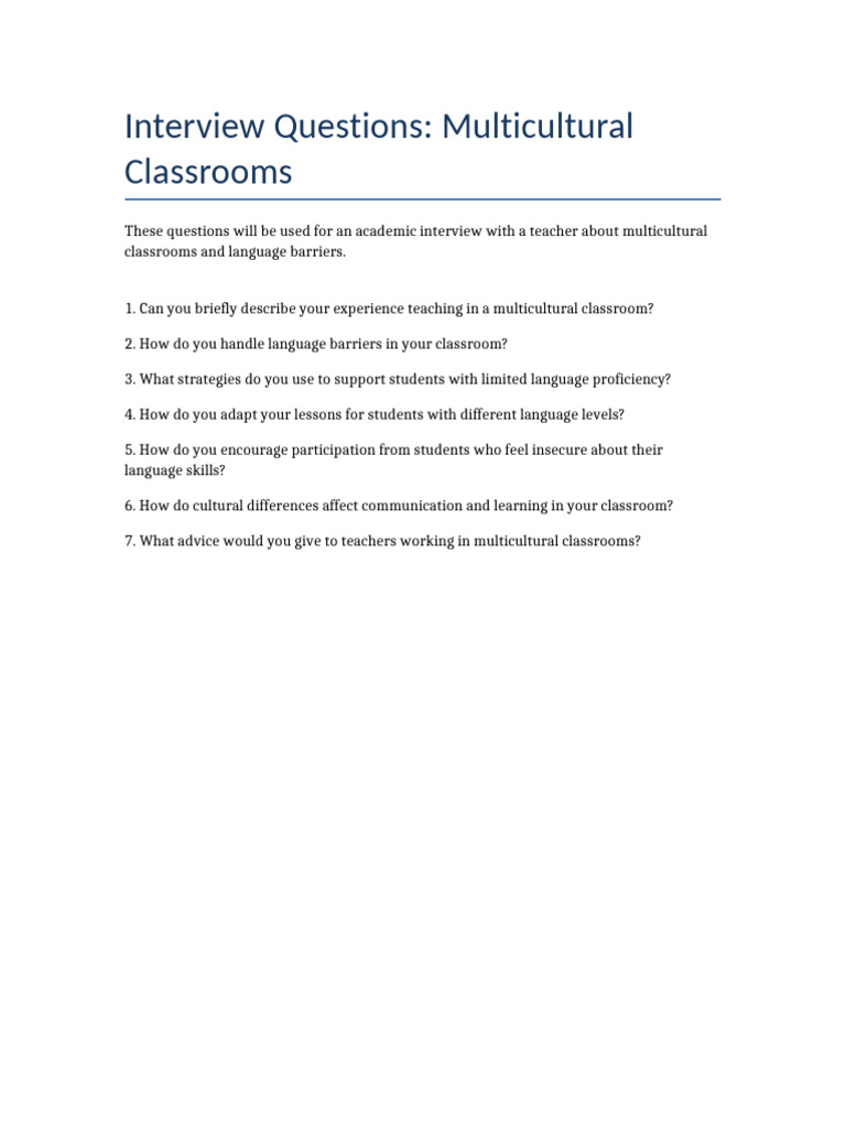 Multicultural Classrooms Interview Questions | PDF