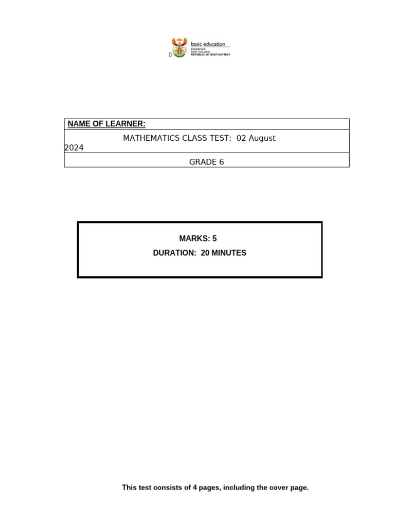 Grade 6 Class Test 02 August 2024 | PDF | Shape | Elementary Mathematics