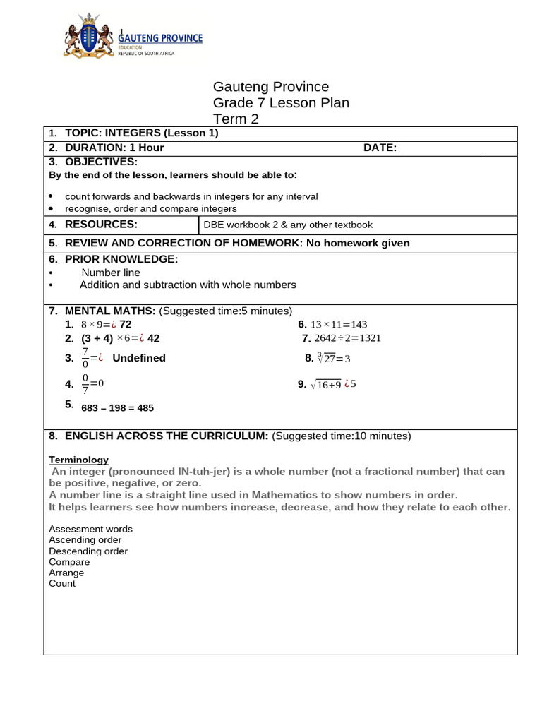 Grade 7 - 2. Integers 2026 | PDF | Subtraction | Numbers