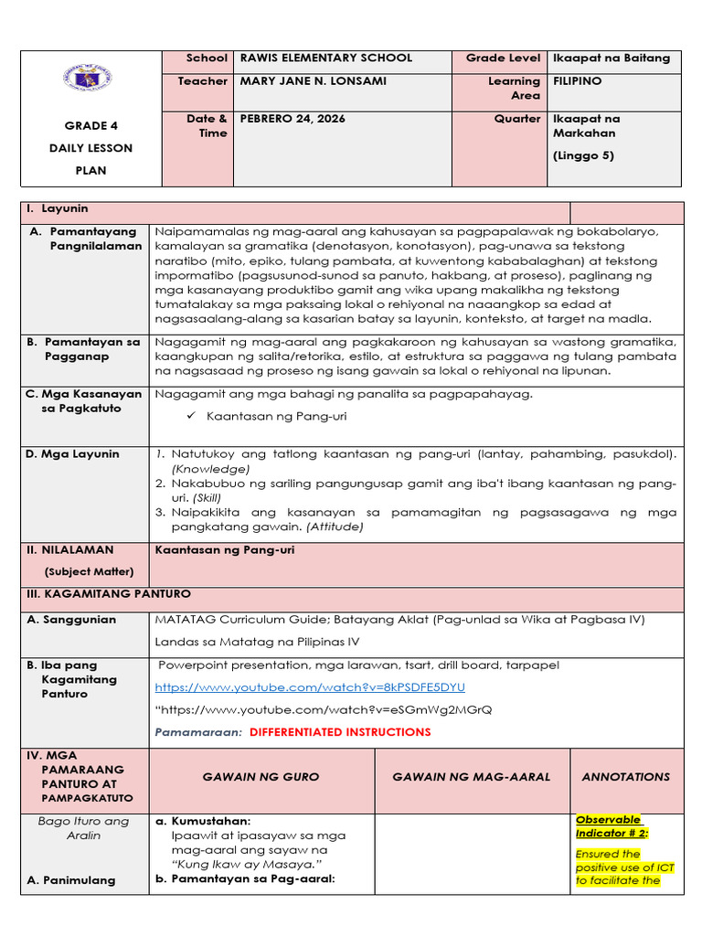 Cot Filipino 4 q4 w5 Finalized Pmes Aligned | PDF