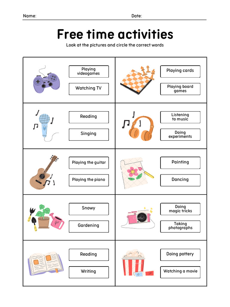Free Time Activities Vocabulary Worksheet in Colorful Illustrative ...