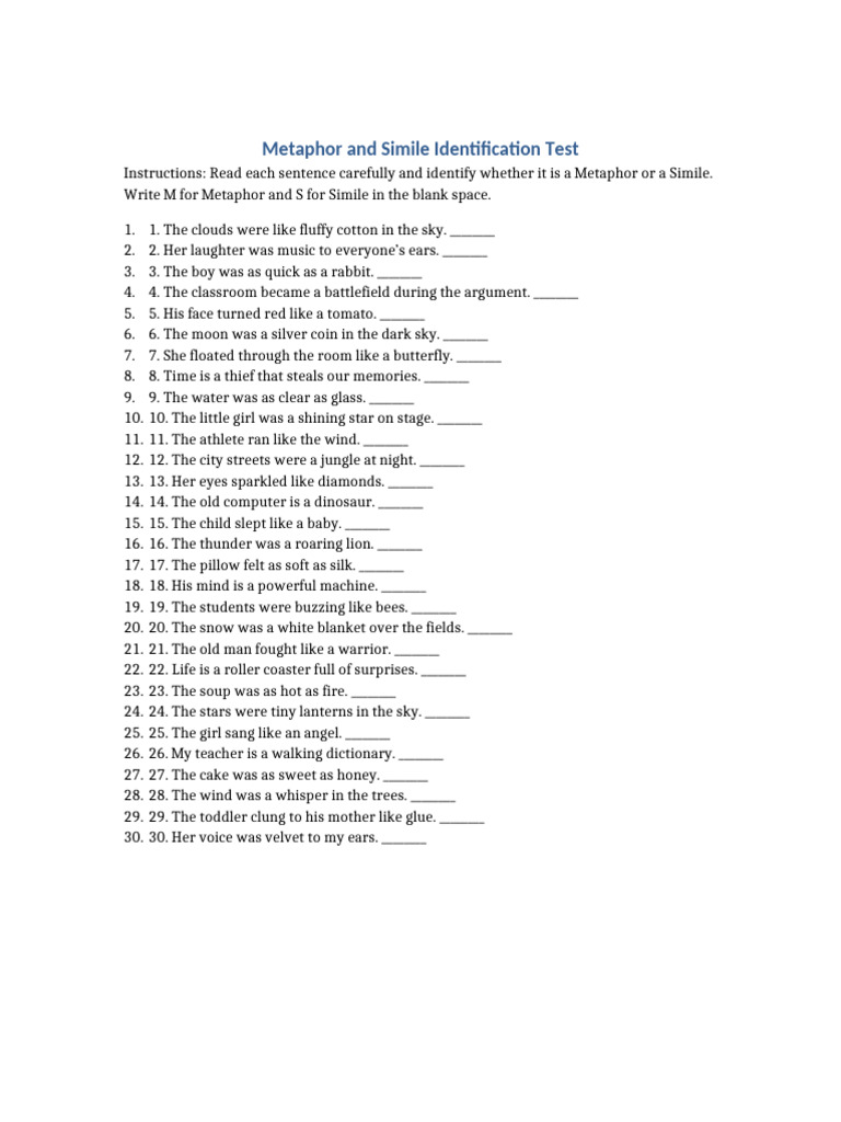 Metaphor Simile Test 30 Questions-1 | PDF