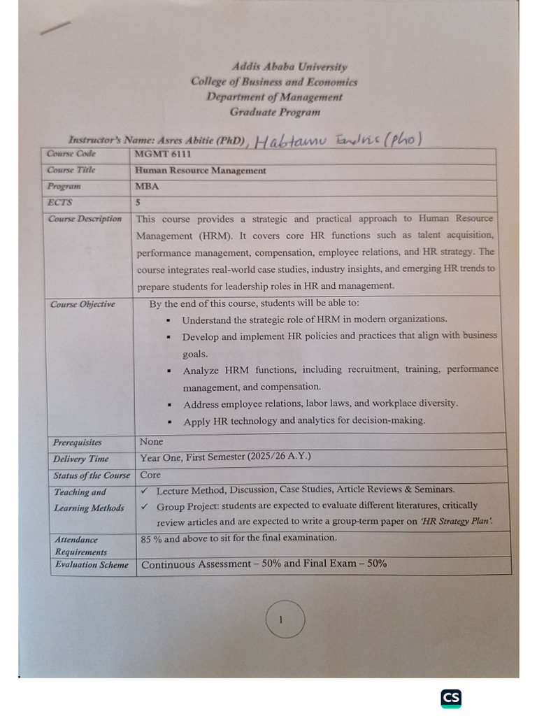 HRM Course Outline | PDF