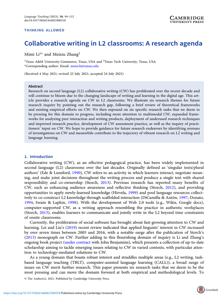 Collaborative Writing in l2 Classrooms a Research Agenda | PDF | Second ...