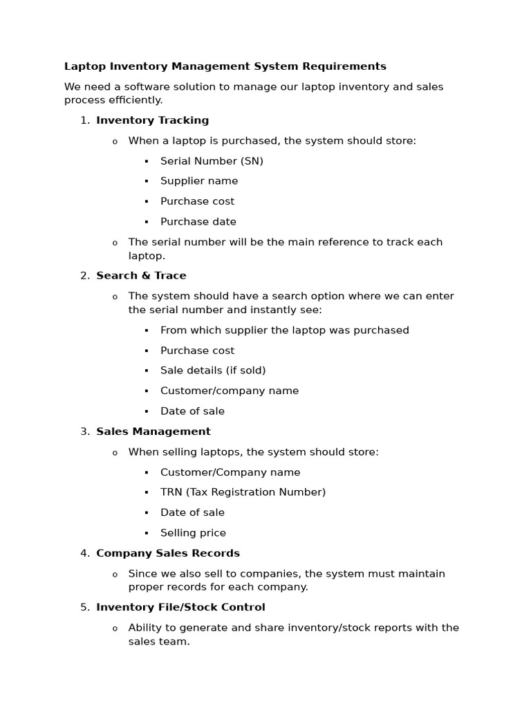 Laptop Inventory Management System Requirements | PDF