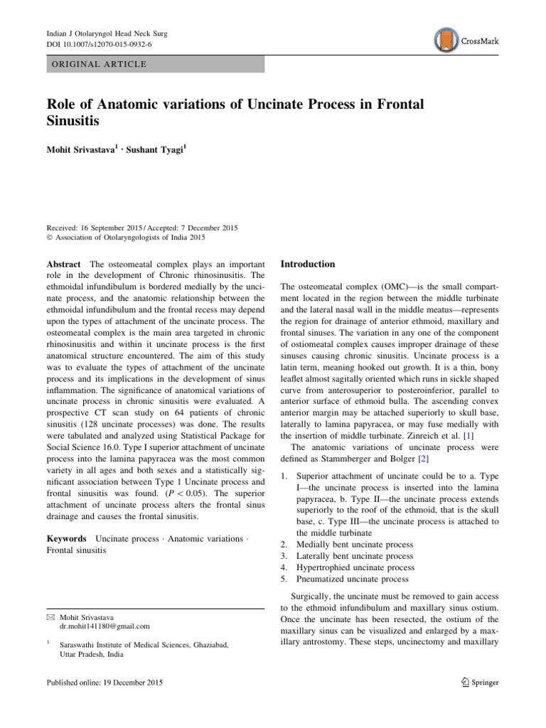 Indian Journal - 2015 - Role of Anatomic variations of Uncinate Process ...