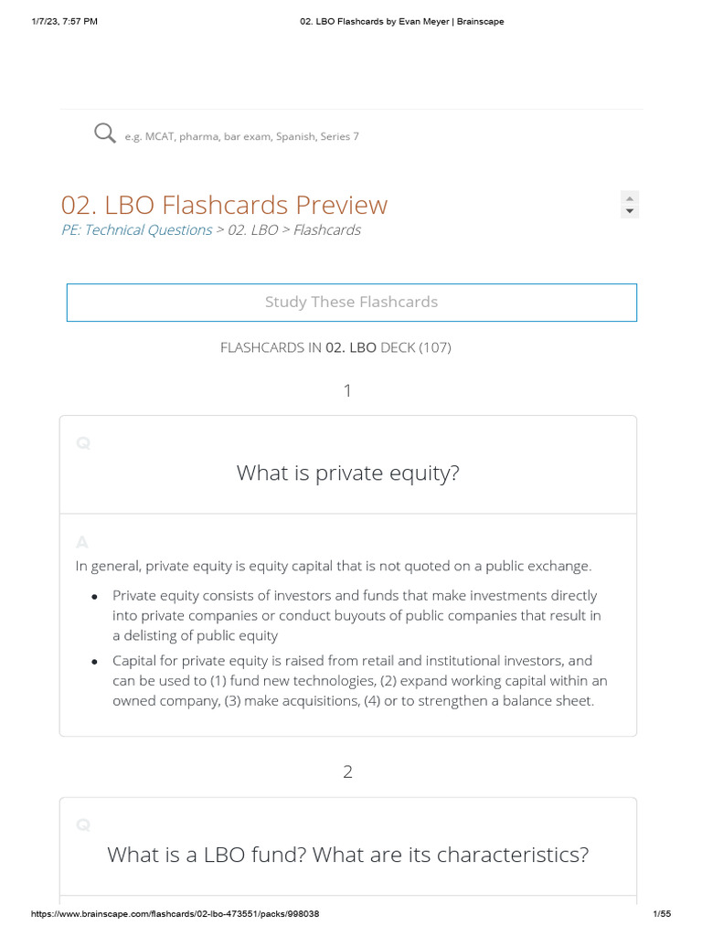 02. LBO Flashcards by Evan Meyer _ Brainscape | PDF | Leveraged Buyout ...