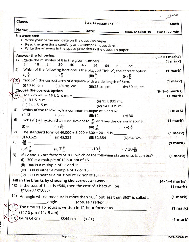 4th Class Math Paper | PDF