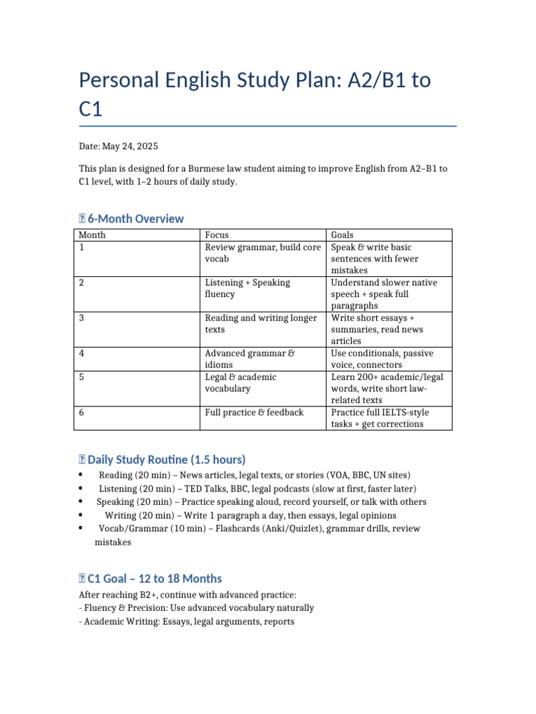 English Study Plan A2 to C1 | PDF