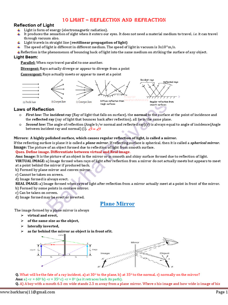 10 LIGHT REFLECTION AND REFRACTION | PDF | Reflection (Physics ...