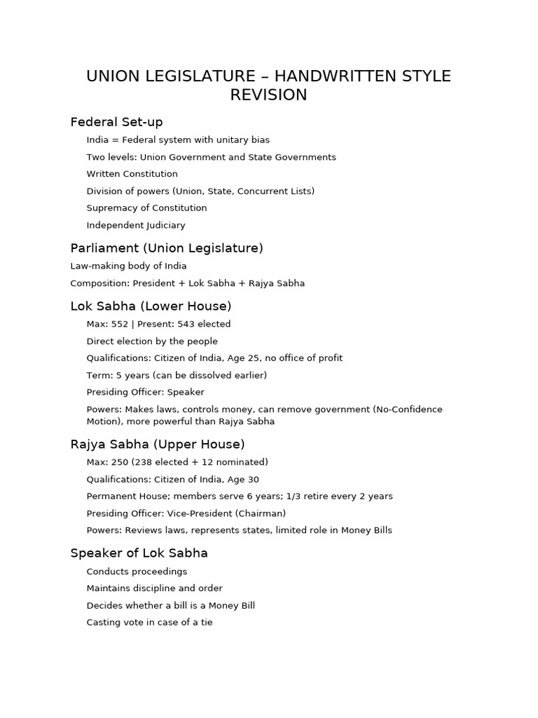 Union Legislature Handwritten Style Notes | PDF