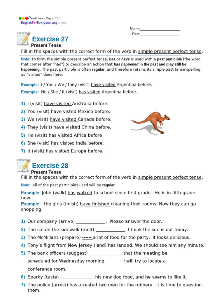 Present Tense Exercises 27and28 | PDF