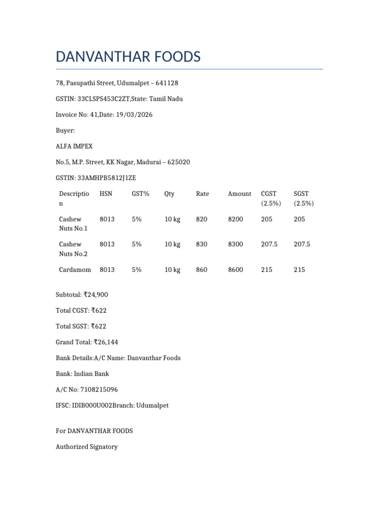 Danvanthar Invoice Word | PDF