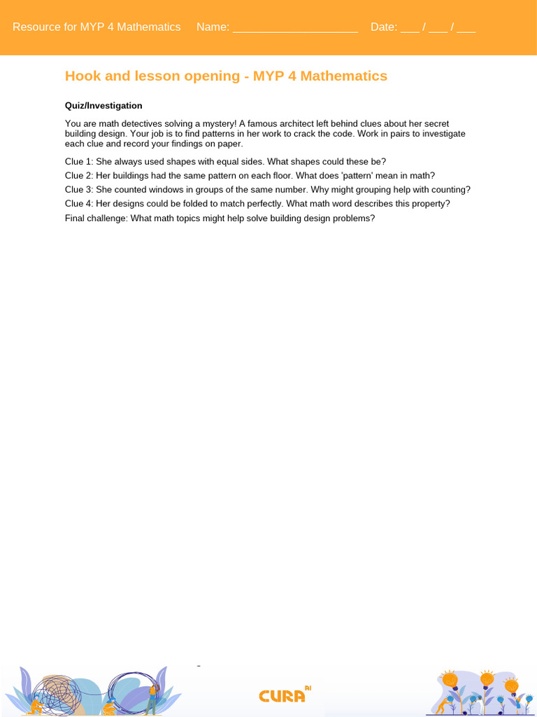 Hook and Lesson Opening - MYP 4 Mathematics | PDF