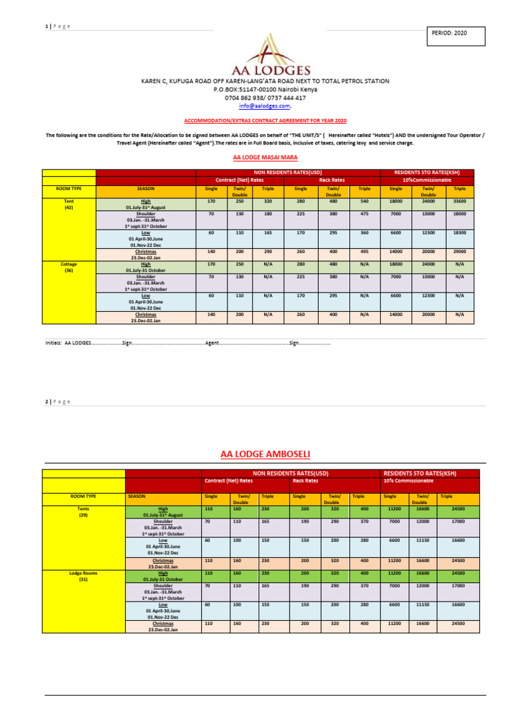 2020 AA LODGES(MARAAMBOSELI) CONTRACT RATES | PDF | Payments | Cheque