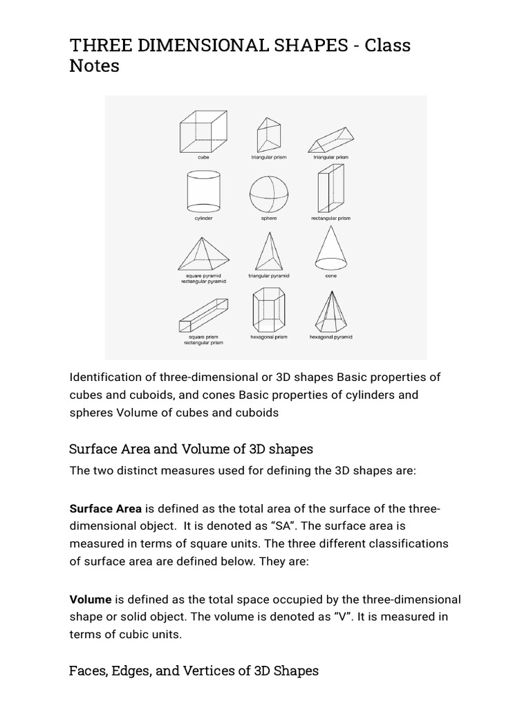 THREE DIMENSIONAL SHAPES - Class Notes | PDF | Area | Volume