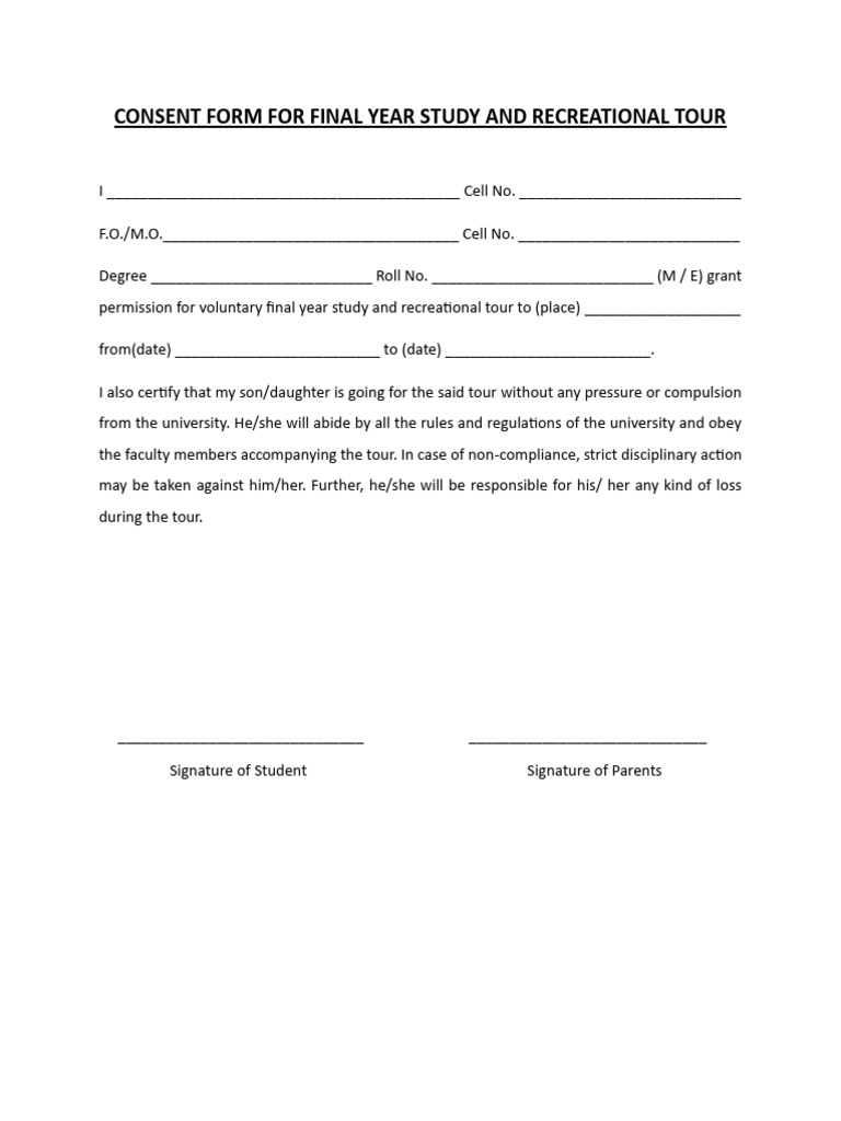 Consent Form for Final Year Study and Recreational Tour | PDF