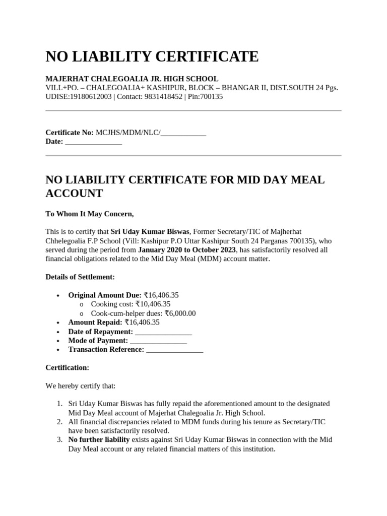 No Liability Certificate | PDF