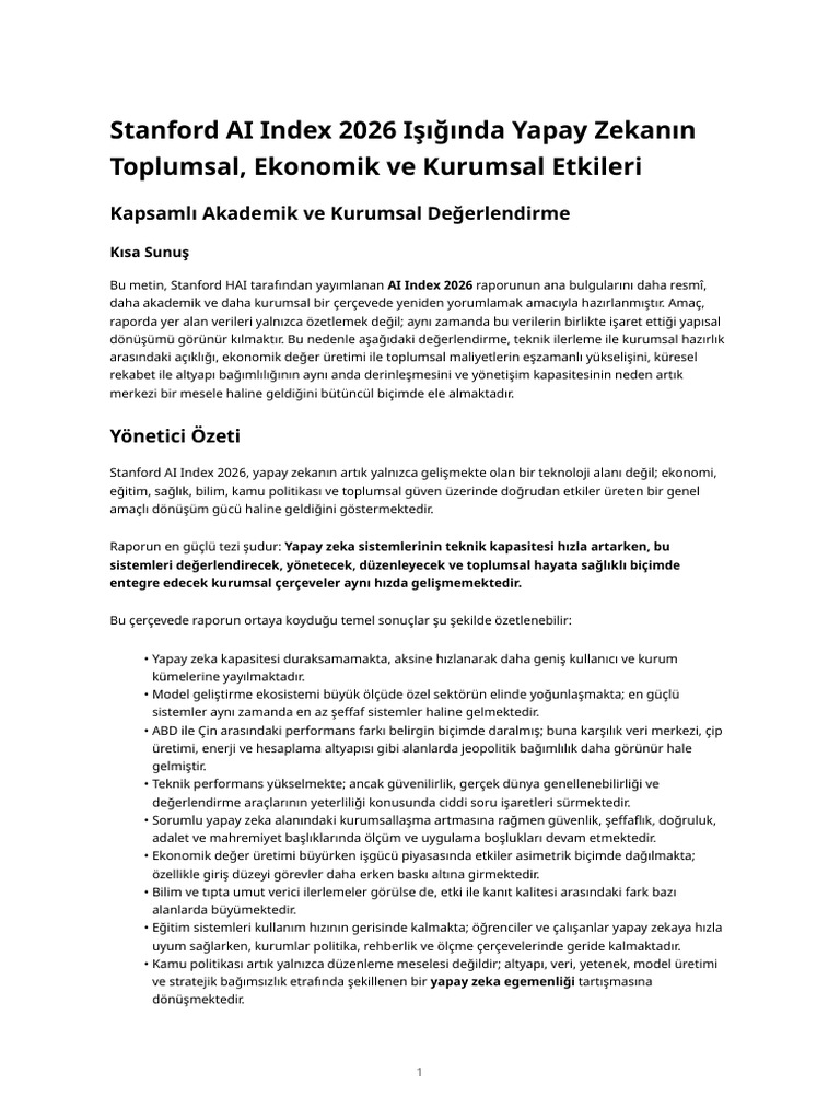 Stanford Ai Index 2026 - Kapsamlı Akademik Ve Kurumsal Analiz | PDF