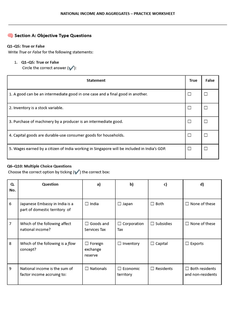 National Income and Aggregates _ Practice Worksheet_ch-1,2,3 (1) | PDF ...