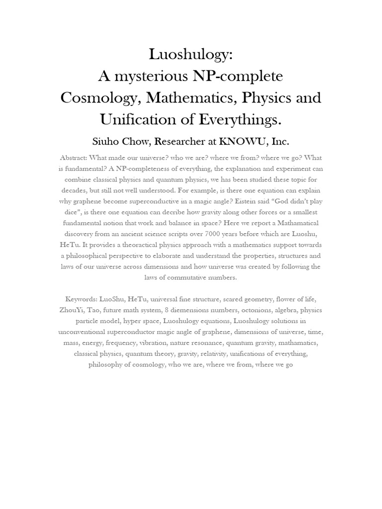 Luoshulogy- A Mysterious NP-complete Cosmology, Mathematics, Physics ...