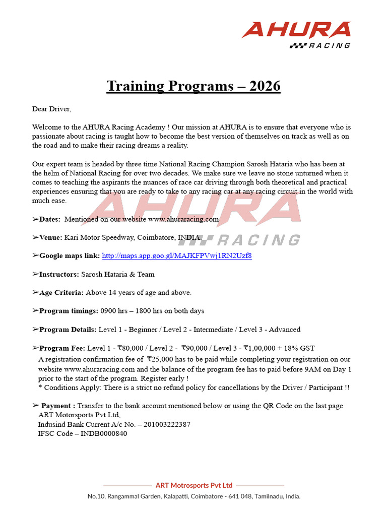 Ahura Racing - 2026 Training Programs | PDF