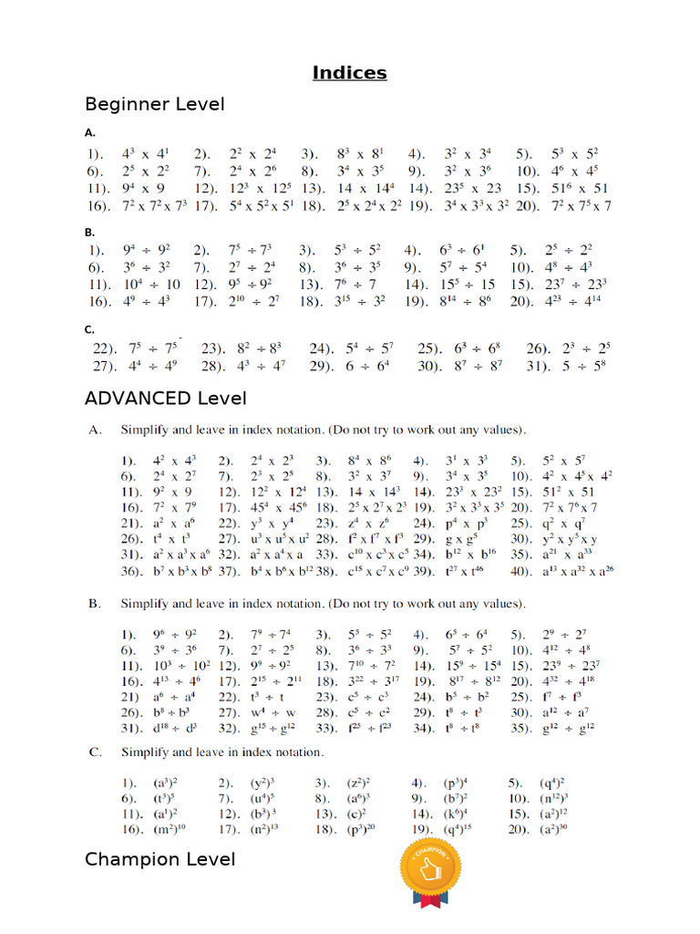 Indices Worksheet | PDF