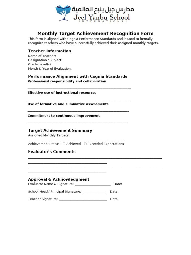 COGNIA - Monthly Target Achievement Recognition Form (March & April) | PDF
