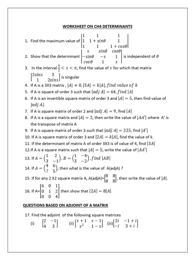 Worksheet on Ch4 Determinants | PDF