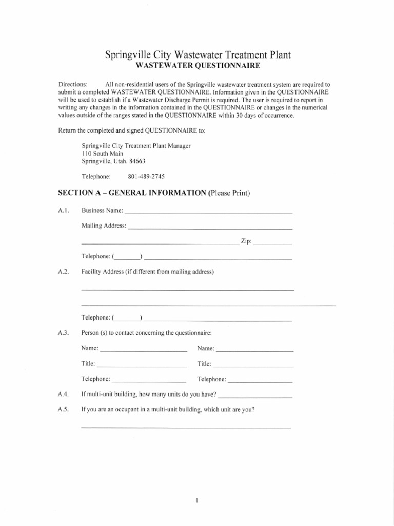 Wastewater Questionnaire | PDF