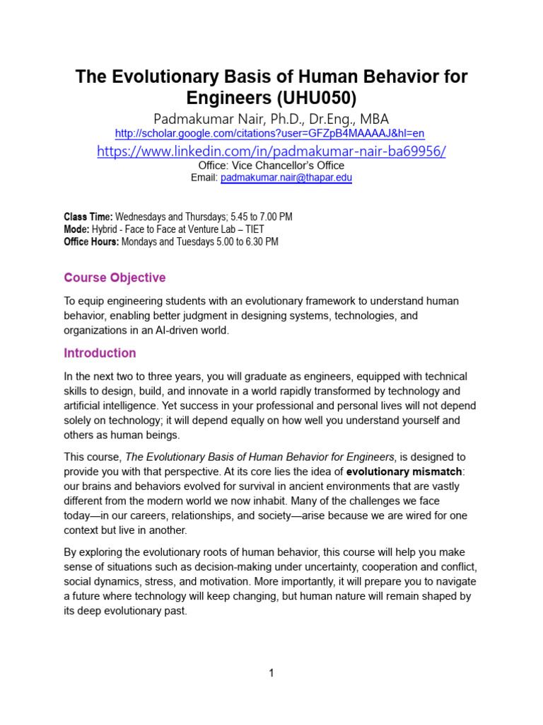 Evolutionary Basis of Human Behaviour for Engineers - Course Plan ...