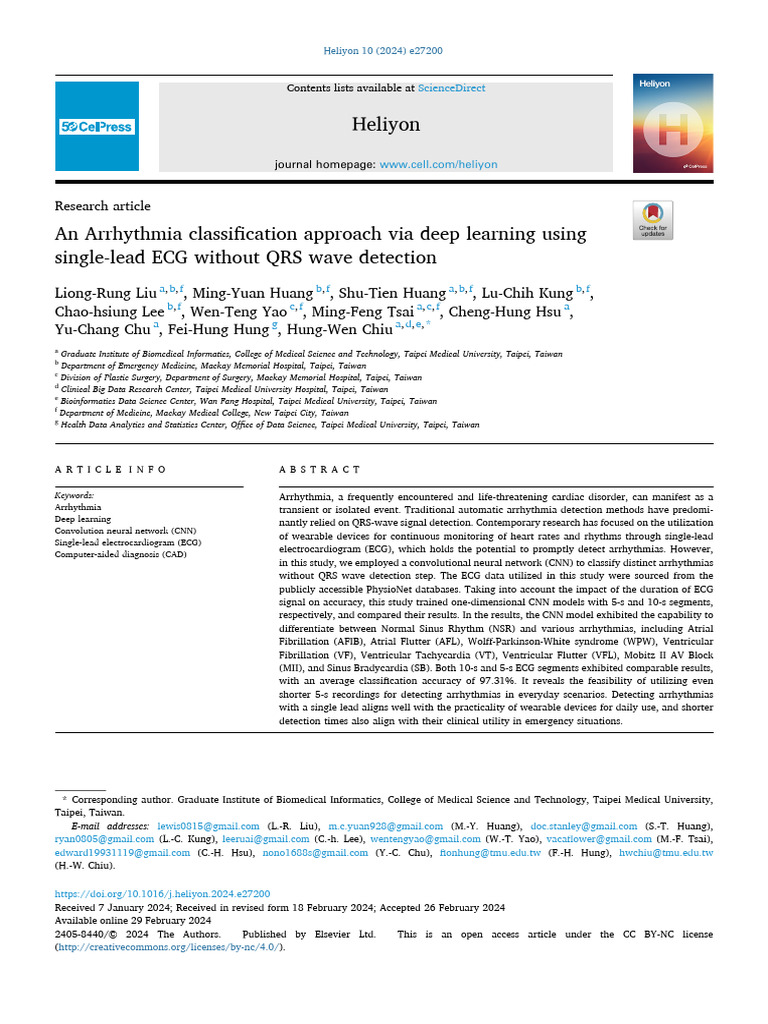 27 an Arrhythmia Classification Approach via Deep Learning Using Single ...