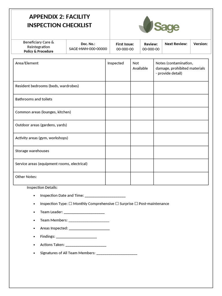 Appendix 2 Facility Inspection Checklist | PDF