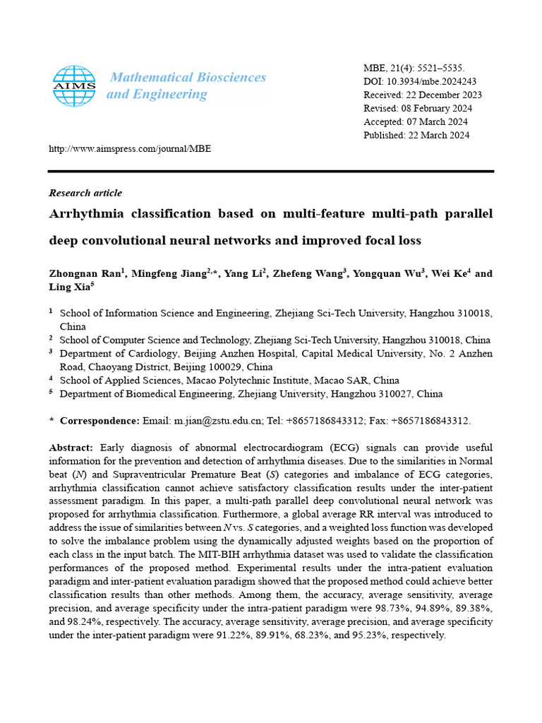 35 Arrhythmia Classification Based on Multi-feature Multi-path Parallel ...