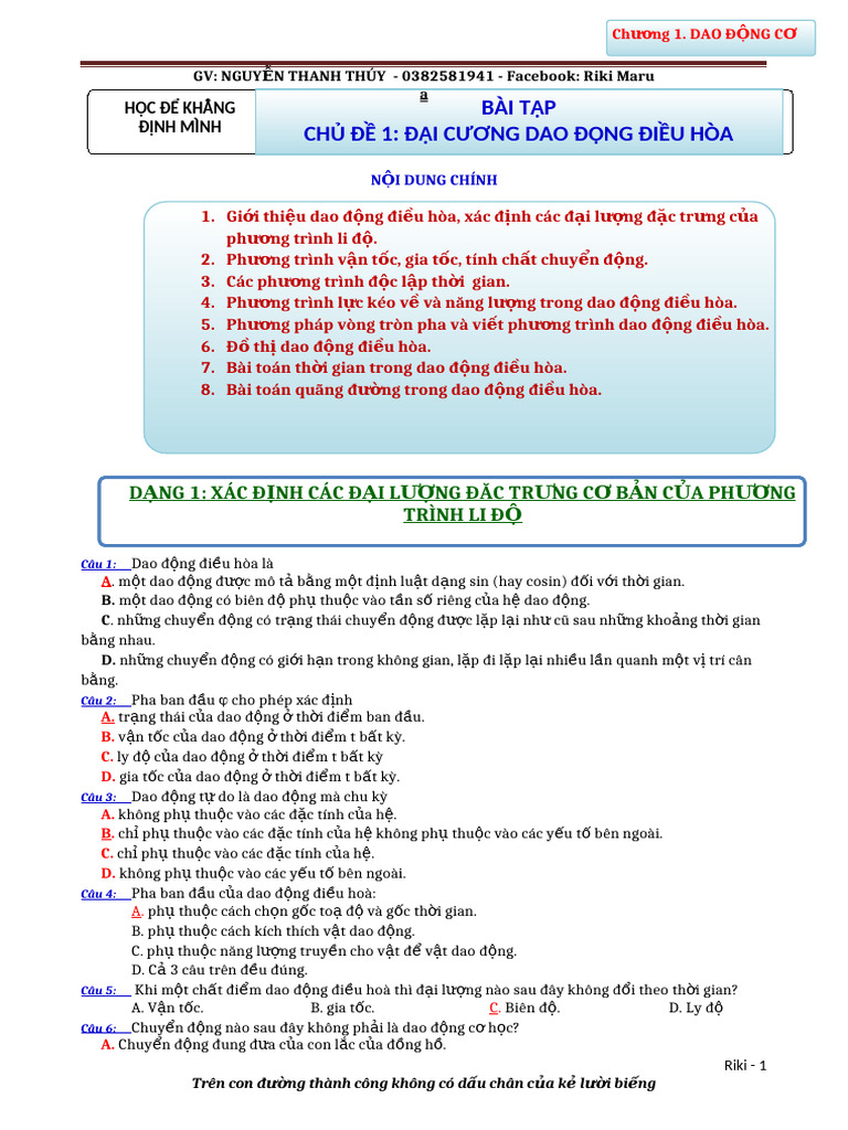 BÀI TẬP - CHU DE 1 -DAI CUONG DAO DONG CO | PDF