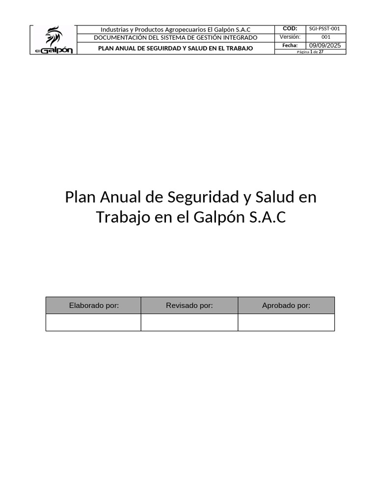 Plan Anual de Seguridad y Salud en el Trabajo | PDF | Seguridad y salud ...