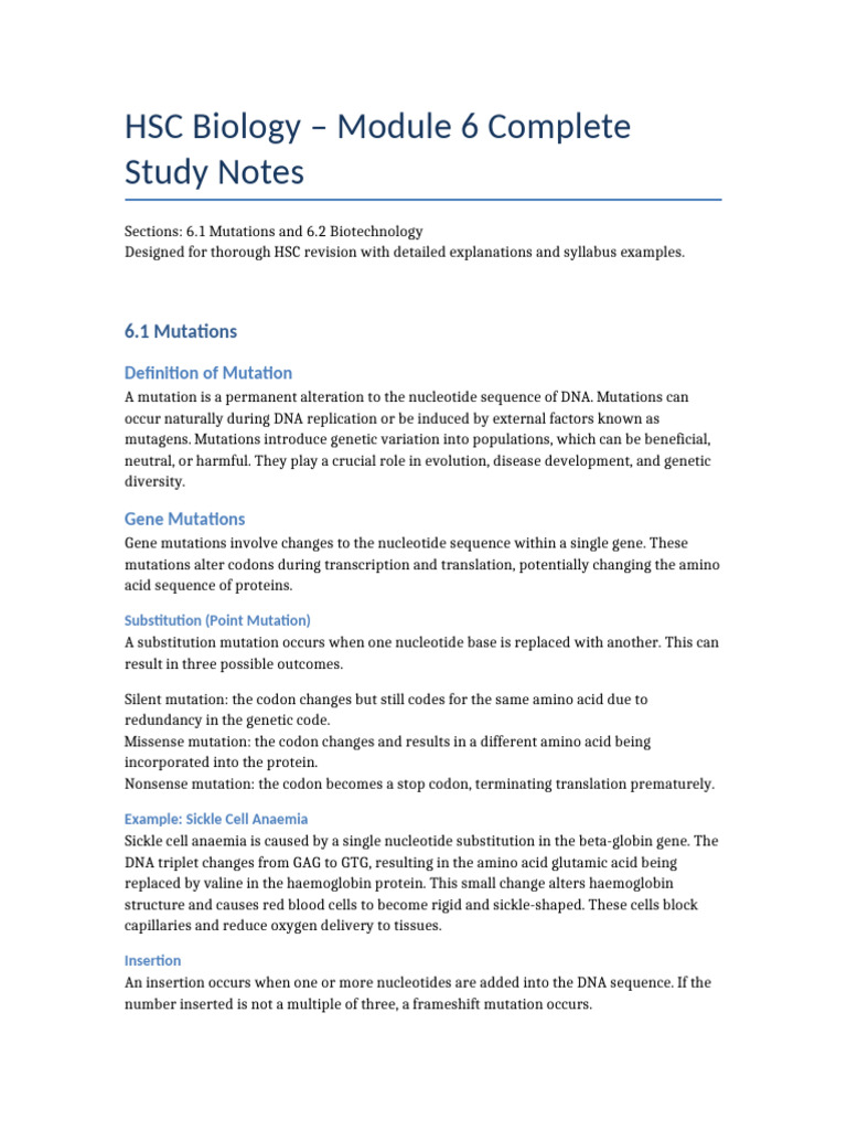 HSC_Biology_Module6_HSC_Perfect_Notes | PDF | Dna | Point Mutation