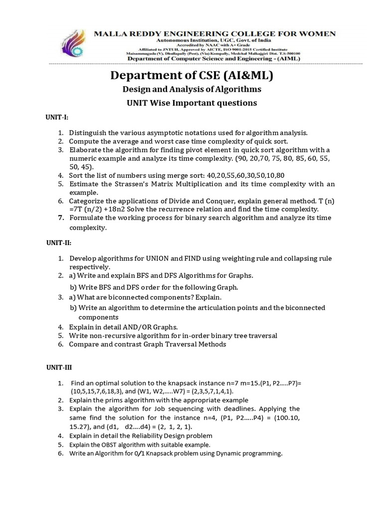 DAA Important Questions | PDF | Time Complexity | Theoretical Computer ...