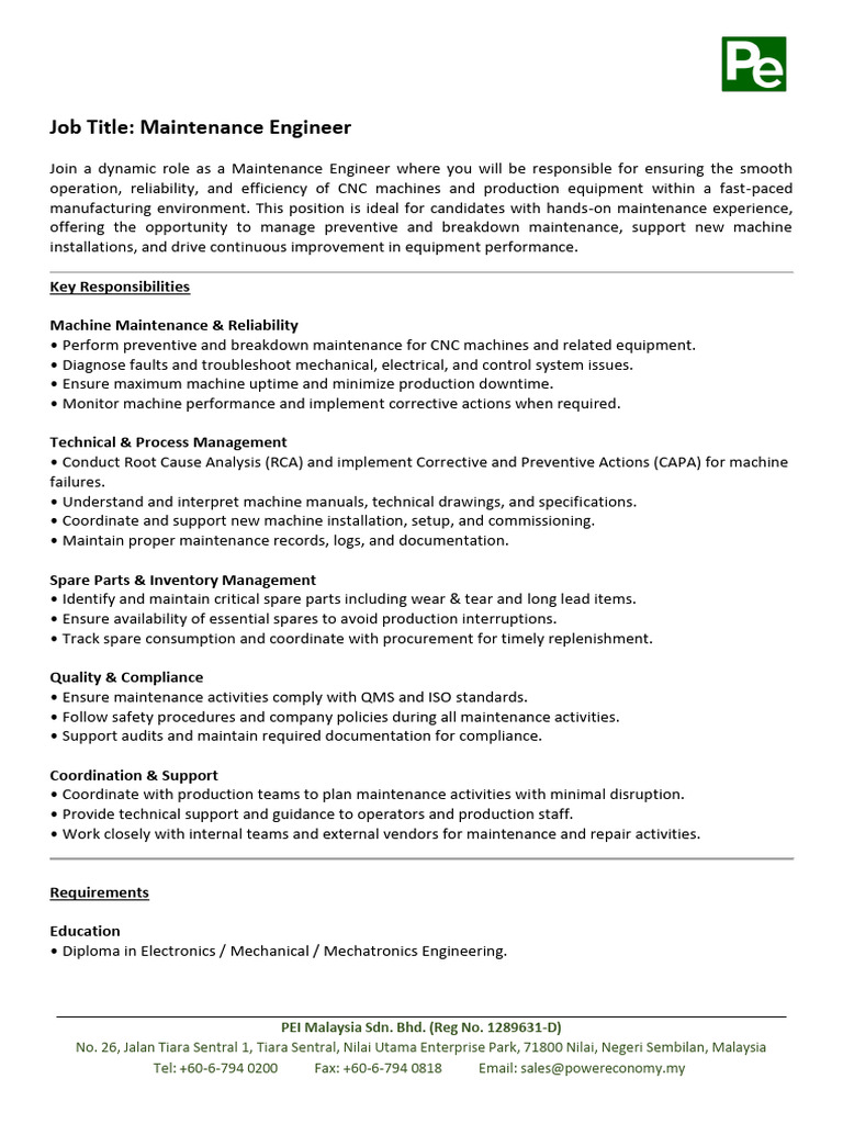 Maintenance Engineer PEIM JD | PDF | Reliability Engineering | Systems ...