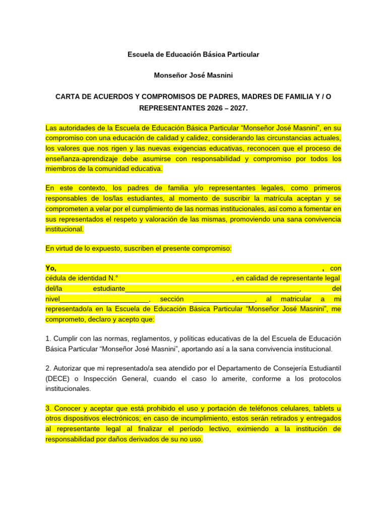 Carta de Acuerdos y Compromisos Escuela Jose Masnini | PDF | Privacidad ...