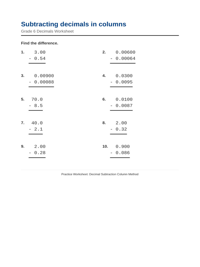 Subtracting Decimals Columns | PDF