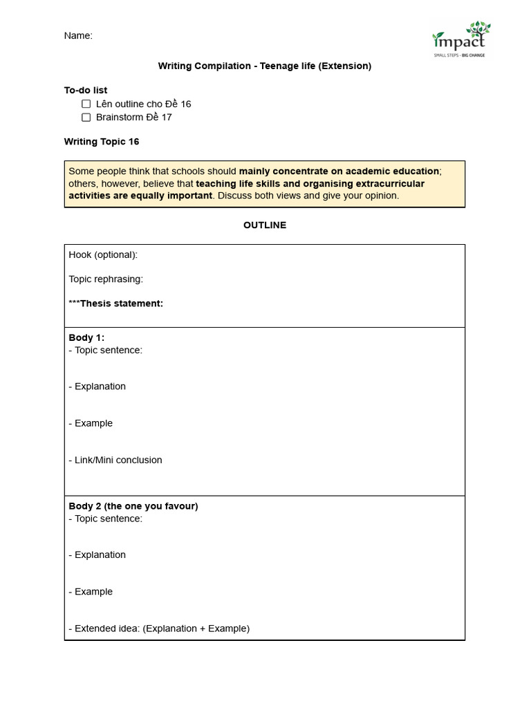 FT9 Writing Compilation - Teenage Life (HW Extension) | PDF