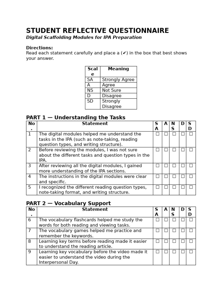 Student Reflective Questionnaire | PDF | Vocabulary | Behavioural Sciences