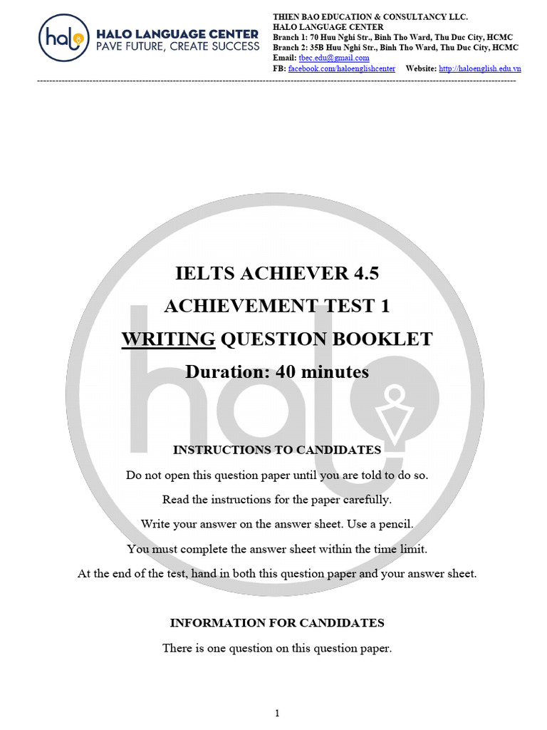 1. IELTS 4.5 ACHIEVEMENT TEST 1 - WRITING QUESTION BOOKLET (4) | PDF ...