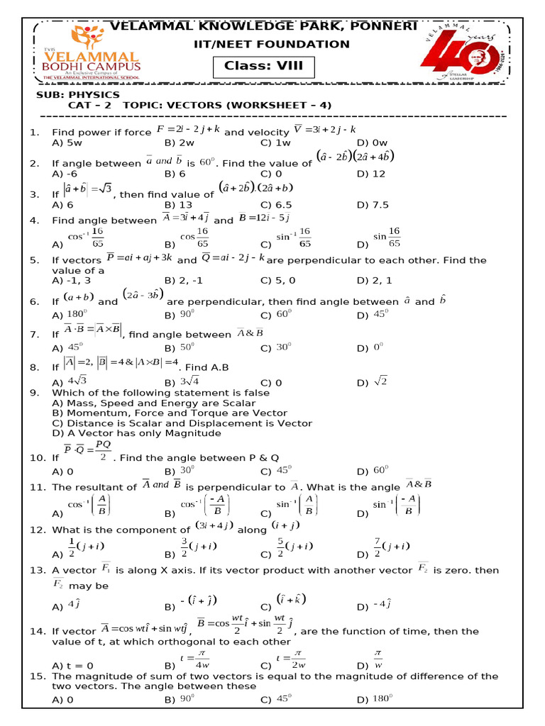 8TH CAT - 2 (VECTORS) WORKSHEET - 4 | PDF | Euclidean Vector | Linear ...